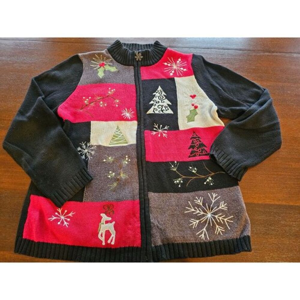 Breckenridge Christmas Sweater Petite Medium Zip up Beads Embroidery‎ holiday